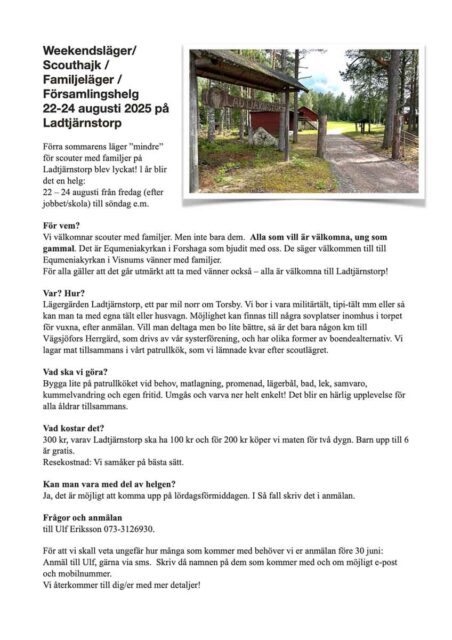 Weekendsläger/  Scouthajk / Familjeläger / Församlingshelg 22-24 augusti 2025 på Ladtjärnstorp