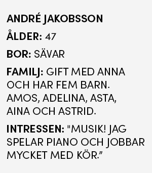 Faktaruta - André Jakobsson, 47 år, bor i Sävar, gift med Anna, fem barn