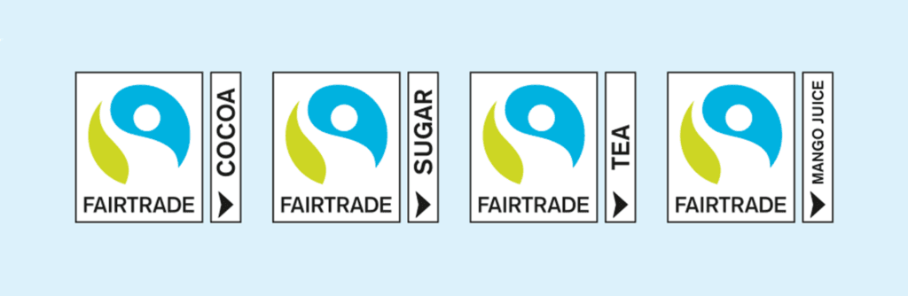 Logotyper - fairtrade cocoa, sugar, tea, mango