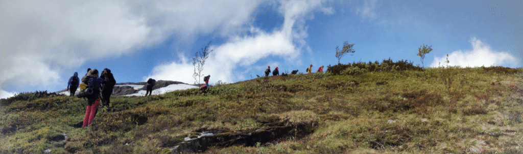 En grupp unga människor som går längst med en bergskam. Hög kontrast mellan den blå himlen och den moss-gröna marken. 