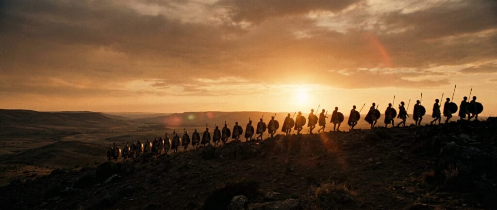 Soldater marcherar i motljus